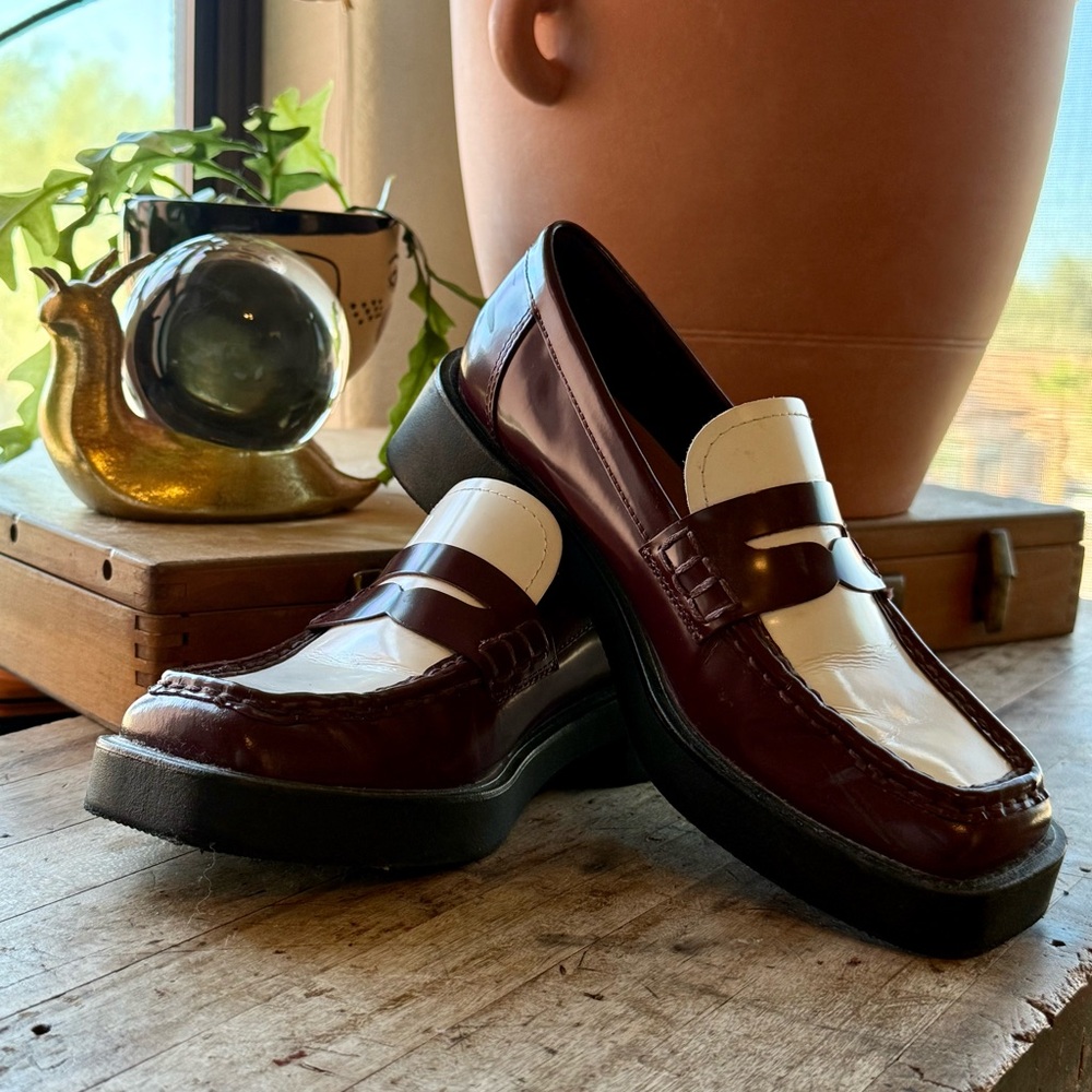 G.H. Bass Bowery Square Tow Burgundy and White Penny Loafers